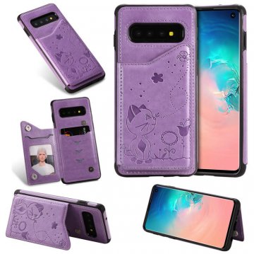 Samsung Galaxy S10 Bee and Cat Magnetic Card Slots Stand Cover Purple