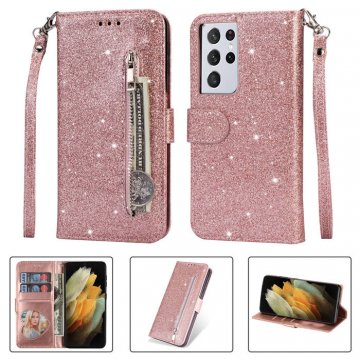 Samsung Galaxy S21/S21 Plus/S21 Ultra Zipper Pocket Bling Glitter Leather Case Rose Gold