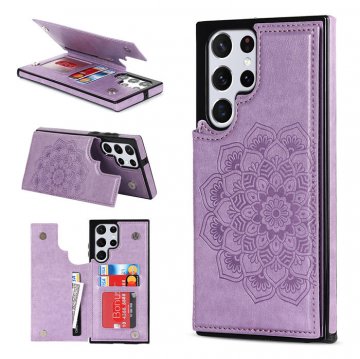 Mandala Embossed Samsung Galaxy S23 Ultra Case with Card Holder Purple