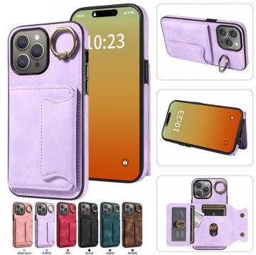 For iPhone 15 Pro Max Card Holder Ring Kickstand Case Purple