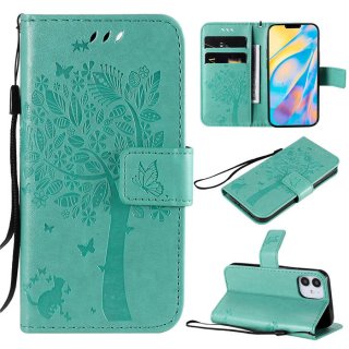 iPhone 12 Mini Embossed Tree Cat Butterfly Wallet Stand Case Green