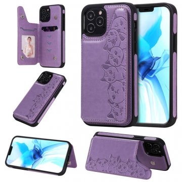 iPhone 12 Pro Luxury Cute Cats Magnetic Card Slots Stand Case Purple