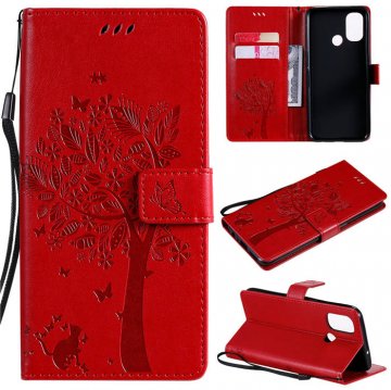 OnePlus Nord N100 Embossed Tree Cat Butterfly Wallet Stand Case Red