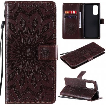 Xiaomi Mi 10T/10T Pro Embossed Sunflower Wallet Magnetic Stand Case Brown