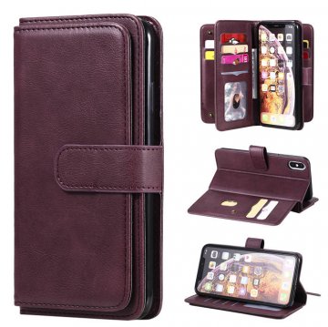 iPhone XS Max Multi-function 10 Card Slots Wallet Leather Case Claret