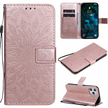 iPhone 12 Pro Max Embossed Sunflower Wallet Magnetic Stand Case Rose Gold
