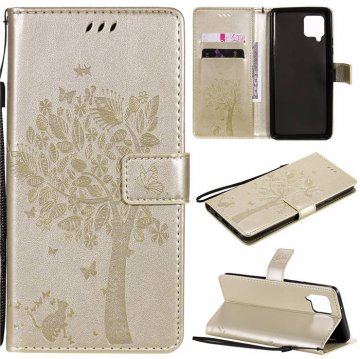 Samsung Galaxy A42 5G Embossed Tree Cat Butterfly Wallet Stand Case Gold