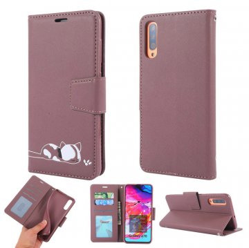 Samsung Galaxy A70 Cat Pattern Wallet Magnetic Stand Case Brown