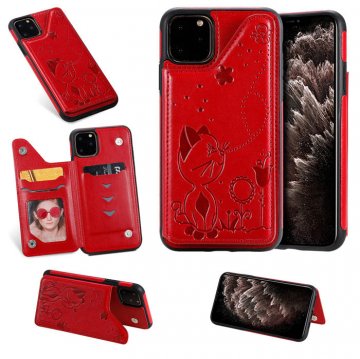iPhone 11 Pro Bee and Cat Embossing Card Slots Stand Cover Red