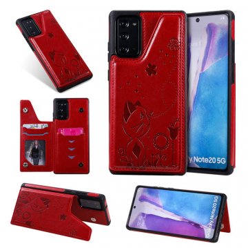 Samsung Galaxy Note 20 Luxury Bee and Cat Magnetic Card Slots Stand Cover Red