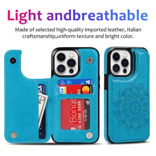 Mandala Embossed iPhone 14 Pro Max Case with Card Holder Blue