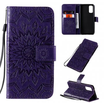 Samsung Galaxy S20 Embossed Sunflower Wallet Stand Case Purple