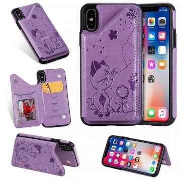 iPhone XS Bee and Cat Embossing Card Slots Stand Cover Purple