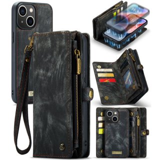 CaseMe iPhone 13 Zipper Wallet Case with Wrist Strap Black