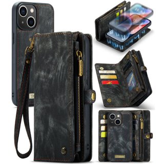 CaseMe iPhone 14 Zipper Wallet Case with Wrist Strap Black