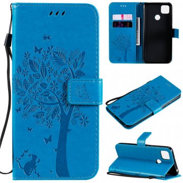 Xiaomi Redmi 9C Embossed Tree Cat Butterfly Wallet Stand Case Blue