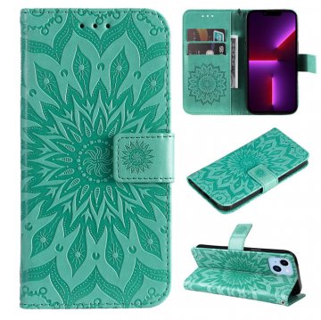 Embossed Sunflower iPhone 14 Plus Wallet Magnetic Case Green