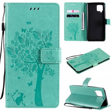 Samsung Galaxy A42 5G Embossed Tree Cat Butterfly Wallet Stand Case Green