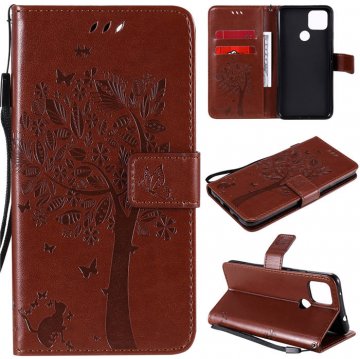 Google Pixel 4A 5G Embossed Tree Cat Butterfly Wallet Stand Case Brown