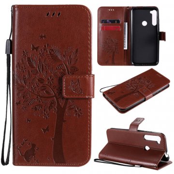 Motorola One Fusion Plus Embossed Tree Cat Butterfly Wallet Stand Case Brown