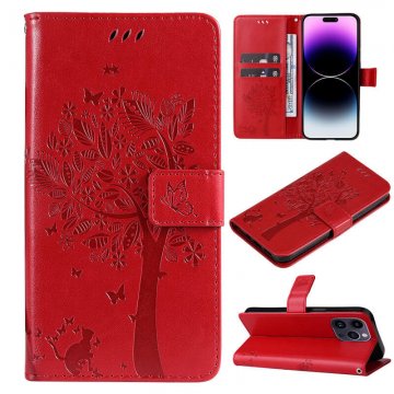 Embossed Butterfly Tree Leather Wallet Stand Phone Case Red