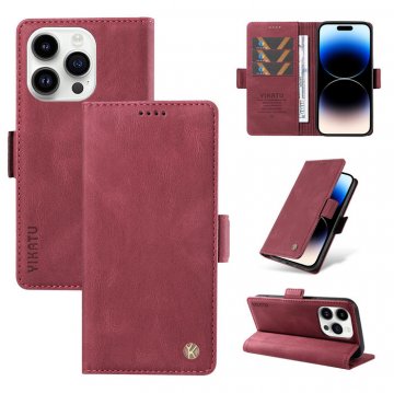 YIKATU iPhone 14 Pro Max Skin-touch Wallet Kickstand Case Wine Red