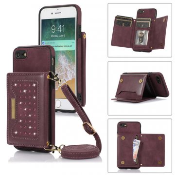 Bling Crossbody Wallet iPhone 7/8/SE2 2020/SE3 2022 Case with Strap Red