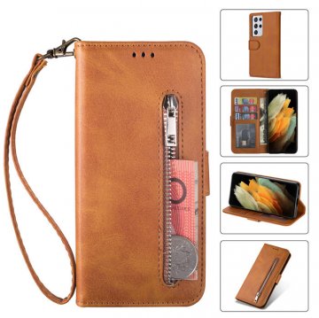 Samsung Galaxy S21/S21 Plus/S21 Ultra Zipper Pocket Wallet Magnetic Case Brown