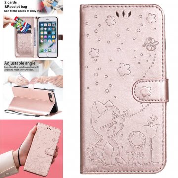 iPhone 7 Plus/8 Plus Embossed Cat Bee Wallet Stand Case Rose Gold