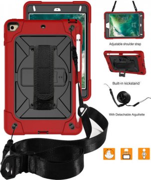iPad Mini 5 Kickstand Hand strap and Detachable Shoulder Strap Cover Red + Black