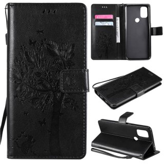 OnePlus Nord N10 5G Embossed Tree Cat Butterfly Wallet Stand Case Black