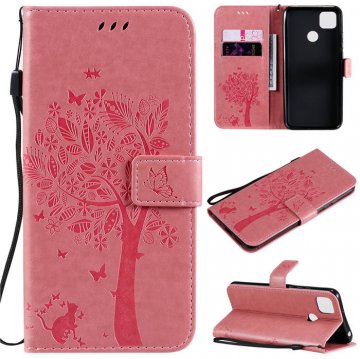 Xiaomi Redmi 9C Embossed Tree Cat Butterfly Wallet Stand Case Pink