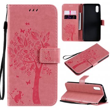 Xiaomi Redmi 9A Embossed Tree Cat Butterfly Wallet Stand Case Pink
