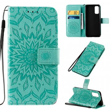Samsung Galaxy S20 Embossed Sunflower Wallet Stand Case Green