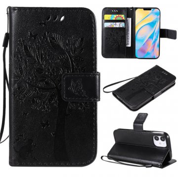 iPhone 12 Mini Embossed Tree Cat Butterfly Wallet Stand Case Black