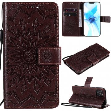 iPhone 12 Pro Embossed Sunflower Wallet Magnetic Stand Case Brown