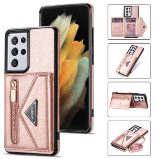 Crossbody Zipper Wallet Samsung Galaxy S21 Ultra Case With Strap Rose Gold