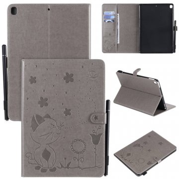 iPad Pro 10.2 inch 2019 Embossed Cat Wallet Stand Leather Case Gray