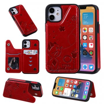 iPhone 12 Luxury Bee and Cat Magnetic Card Slots Stand Cover Red