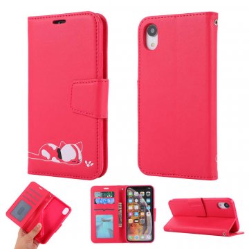 iPhone XR Cat Pattern Wallet Magnetic Stand PU Leather Case Red