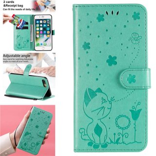 iPhone 7 Plus/8 Plus Embossed Cat Bee Wallet Stand Case Green