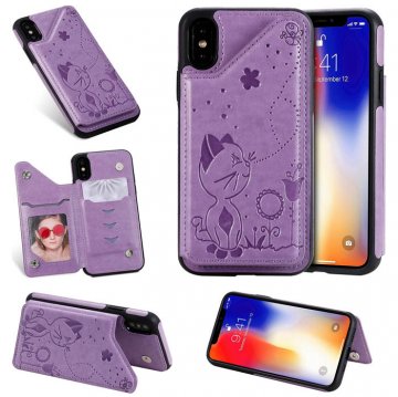 iPhone X Bee and Cat Embossing Magnetic Card Slots Stand Cover Purple