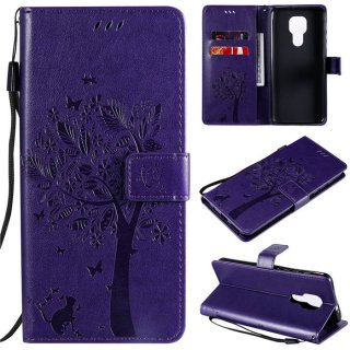 Motorola Moto G9 Play Embossed Tree Cat Butterfly Wallet Stand Case Purple