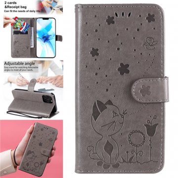 iPhone 12 Pro Embossed Cat Bee Wallet Magnetic Stand Case Gray