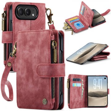 CaseMe iPhone Duo Wallet Case with 6 Card Slots, Zipper Pocket, Wireless Charging & Wrist Strap Red