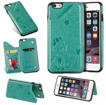 iPhone 6 Plus/6s Plus Bee and Cat Embossing Card Slots Stand Cover Green