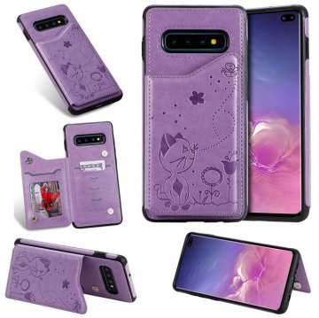 Samsung Galaxy S10 Plus Bee and Cat Magnetic Card Slots Stand Cover Purple