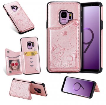 Samsung Galaxy S9 Bee and Cat Magnetic Card Slots Stand Cover Rose Gold