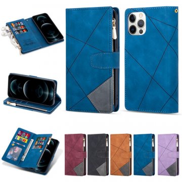 iPhone 12 Pro Color Splicing Lines Wallet Stand Case Blue