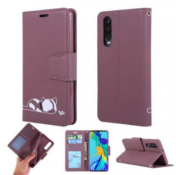 Huawei P30 Cat Pattern Wallet Magnetic Stand Case Brown